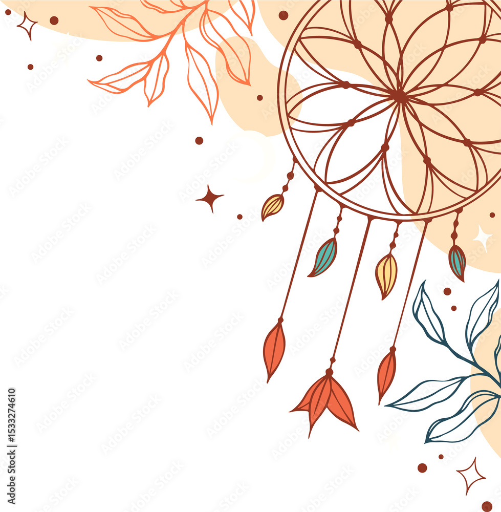 Naklejka premium Abstract dreamcatcher illustration is floating on clear background with hanging leaves, stars, moon