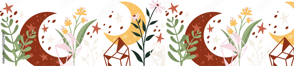 Fototapeta premium Repeating celestial botanical border showing moons and stars, crystals, florals on transparent can