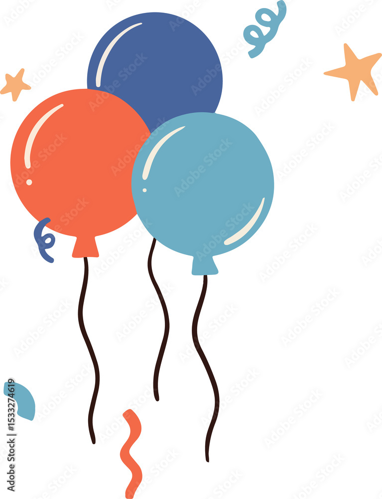 Fototapeta premium Floating vector balloons in coral red sky blue navy blue with confetti on transparent background