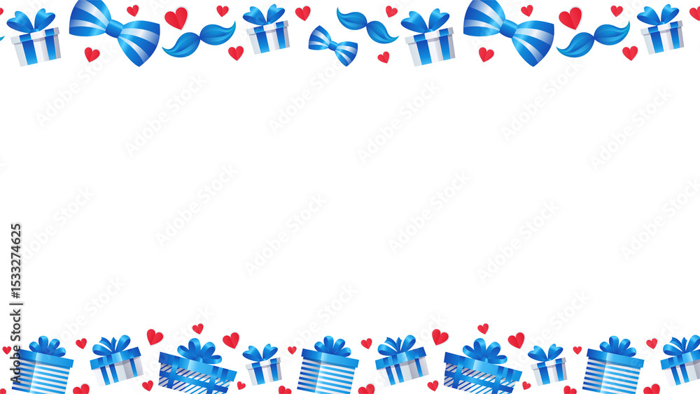 Fototapeta premium Flat design border is showcasing blue bows, striped boxes, hearts on transparent canvas, copy space