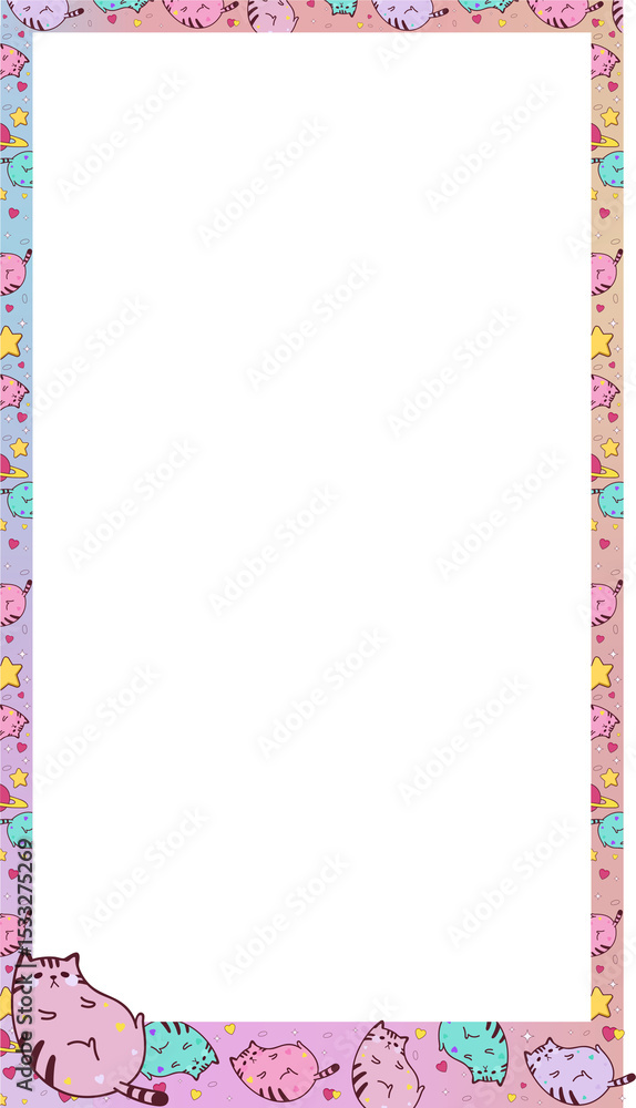 Fototapeta premium Decorative frame showing pastel cats or stars or hearts or rings around gray area on clear bg, copy 