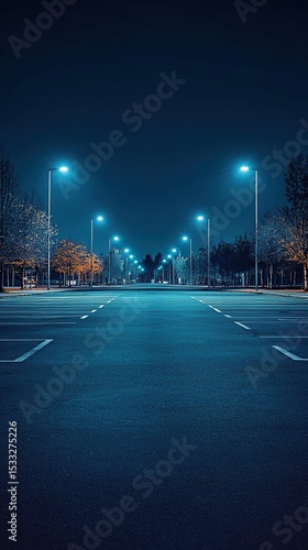 an empty parking lot with lights on at night