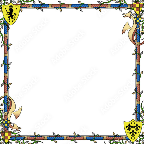 Medieval-style illuminated border is featuring green vines and gold shields, transparent background