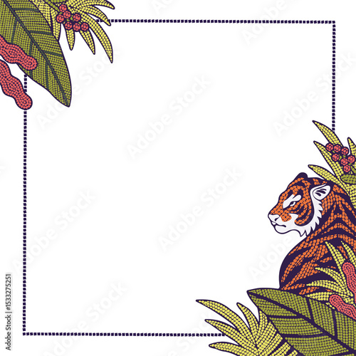Fototapeta Naklejka Na Ścianę i Meble -  Tiger head and dotted frame are creating leaf berry border, flat transparent background, copy space
