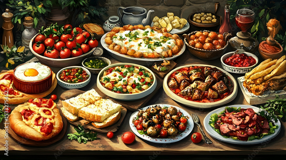 Fototapeta premium Bountiful feast of assorted foods on a wooden table.