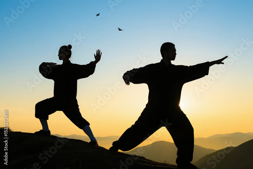 Tai Chi Practitioners Silhouetted Against Sunset Sky