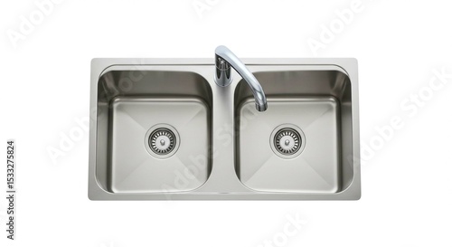 A top view of a stainless steel double bowl kitchen sink with a faucet