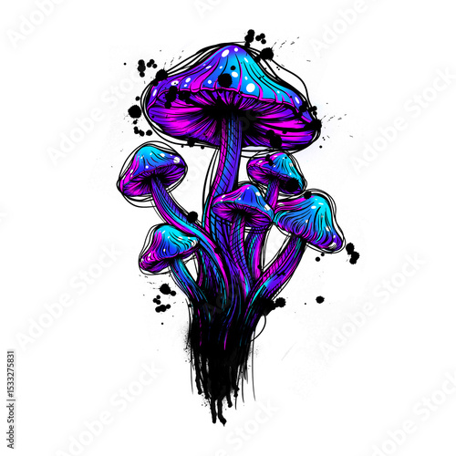 Neon mushroom cluster is floating on transparent background, showing ink drips and thick outline