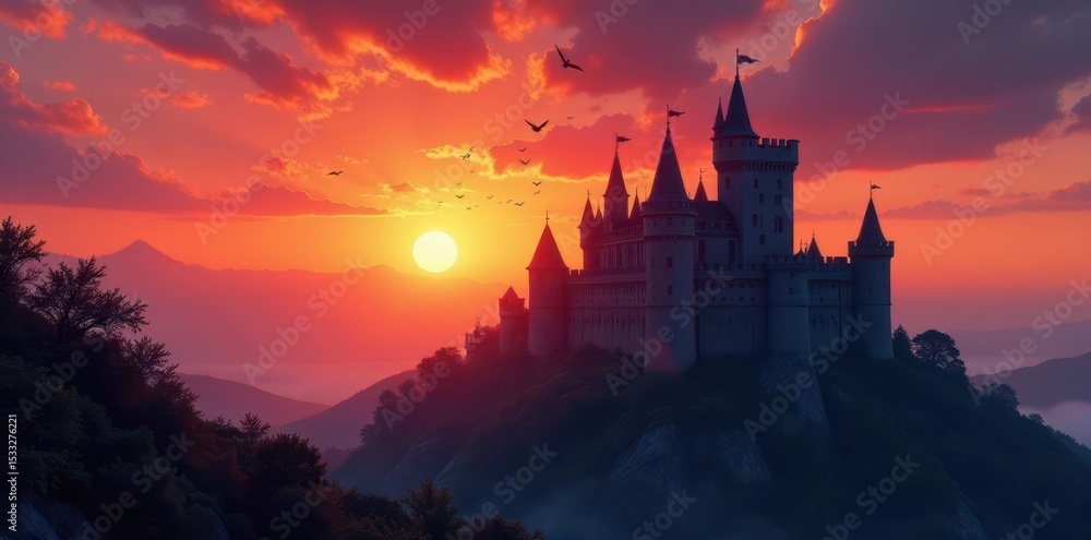 Fototapeta premium Castle battlements at sunset with flying bats, spooky atmosphere, nocturnal creatures