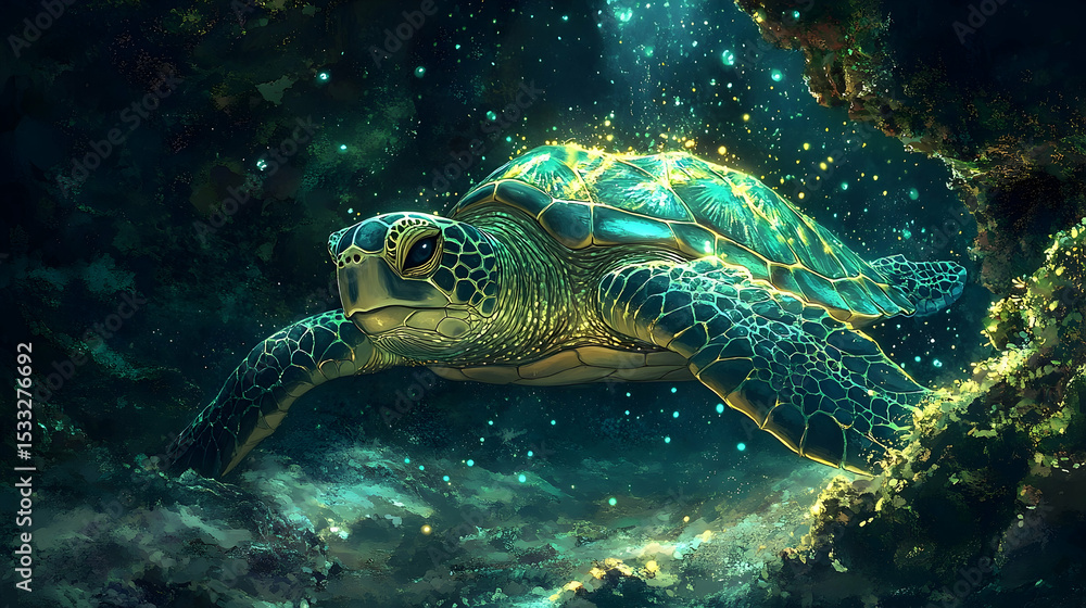Fototapeta premium A luminous sea turtle swims through a glowing underwater cavern.