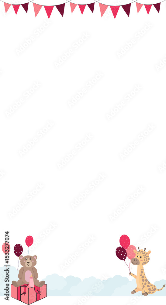 Naklejka premium Flat teddy bear and giraffe are holding balloons with box, pennants, clouds, transparent background