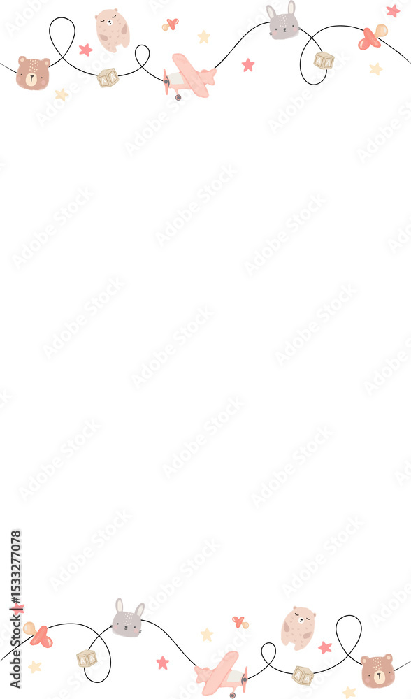 Fototapeta premium Vector pastel border is showing animal faces with blocks and airplane, clear background, copy space