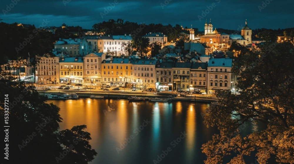 Obraz premium City lights reflecting on water at night