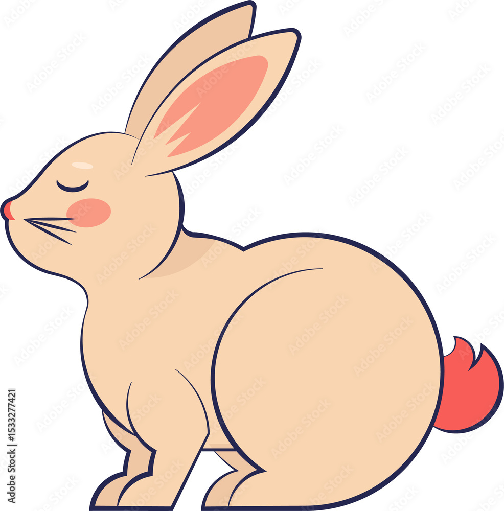 Obraz premium Cartoon rabbit is resting in side-view flat design, cream body, pink ears on transparent background