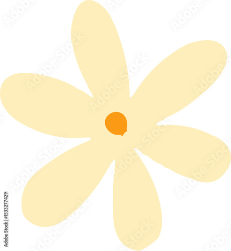 Fototapeta Naklejka Na Ścianę i Meble -  Flat daisy-like flower is floating on clear backdrop with six off-white petals and orange center
