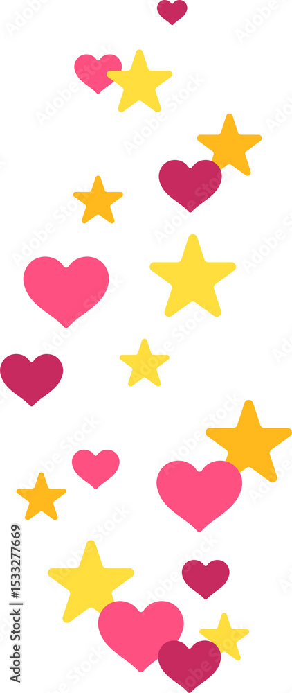 Fototapeta premium Abstract hearts and stars are floating in flat design in pink red yellow on transparent background