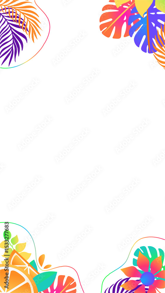 Obraz premium Graphic tropical border featuring palm and monstera citrus vines on clear background copy space