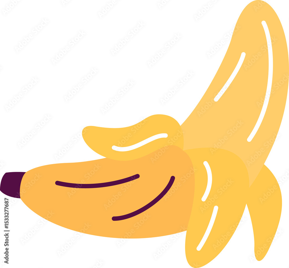 Fototapeta premium Partially peeled banana is floating in vector with three folds purple curves transparent background