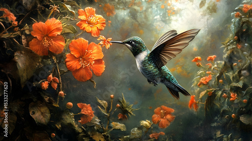 Fototapeta Naklejka Na Ścianę i Meble -  Hummingbird in a floral garden scene.