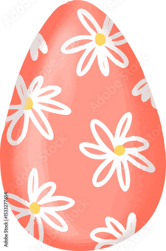 Fototapeta Naklejka Na Ścianę i Meble -  Flat ornamental egg is featuring coral-pink tones and white daisy pattern, transparent background
