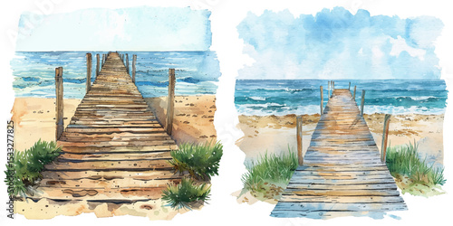 boardwalk on beach watercolor vector illustration