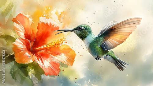 Hummingbird and hibiscus flower in a watercolor style.