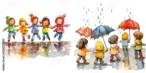 children playing in the rain watercolor vector illustration