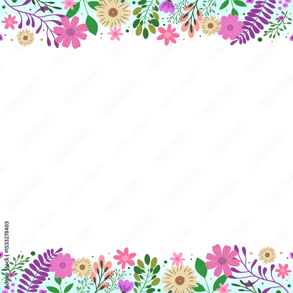 Fototapeta premium Vector floral frame showing daisy lavender blooms, green leaves, transparent background, copy space