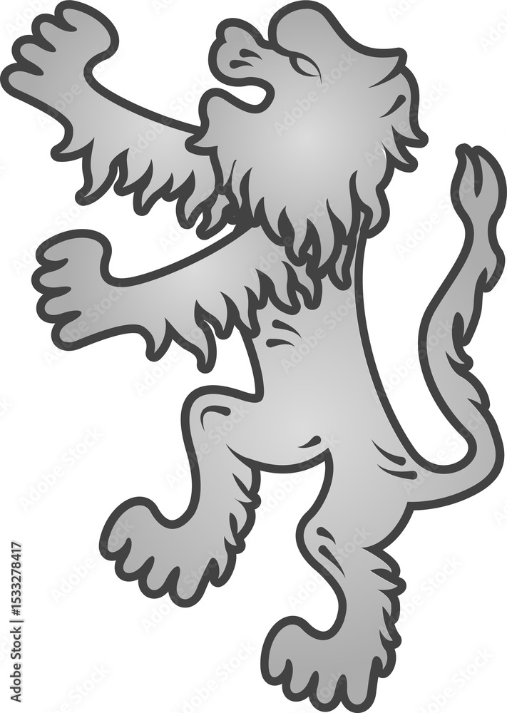 Naklejka premium Silver-grey heraldic lion is rearing in flat vector design, transparent background, copy space