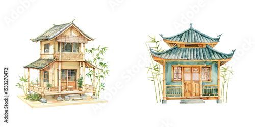 chinese bamboo house watercolor vector illustration