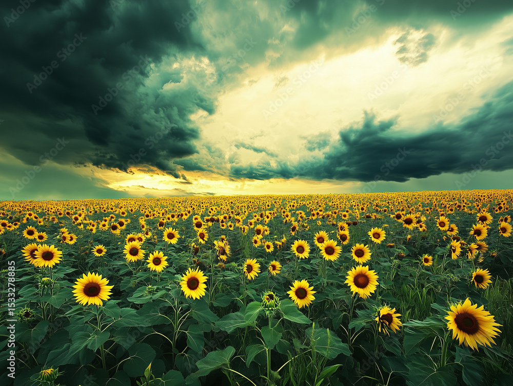 Fototapeta premium Sunflowers Blooming in Field Under Dramatic Cloudy Sky at Sunset