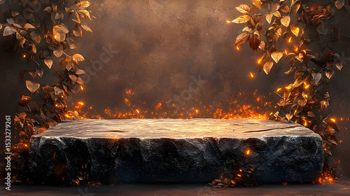 Dark stone platform with fiery leaves and embers.