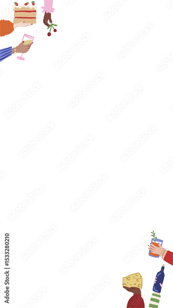Naklejka premium Flat border is showing cake slice, hands with drinks, cheese on transparent background, copy space