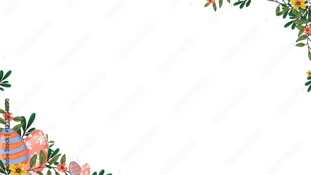 Fototapeta premium Handdrawn Easter border is featuring pastel eggs, flowers, foliage, stars, transparent copy space