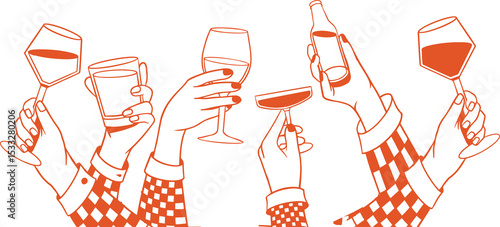 Six sleeves are raising wine glass, beer bottle, cocktail glass in orange line art, transparent bg