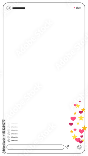 Smartphone is showing live stream overlay on transparent background with hearts, stars, comment bar