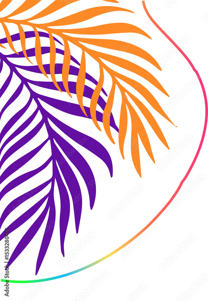 Naklejka premium Featuring vector orange and purple palm fronds on transparent backdrop with curving gradient line