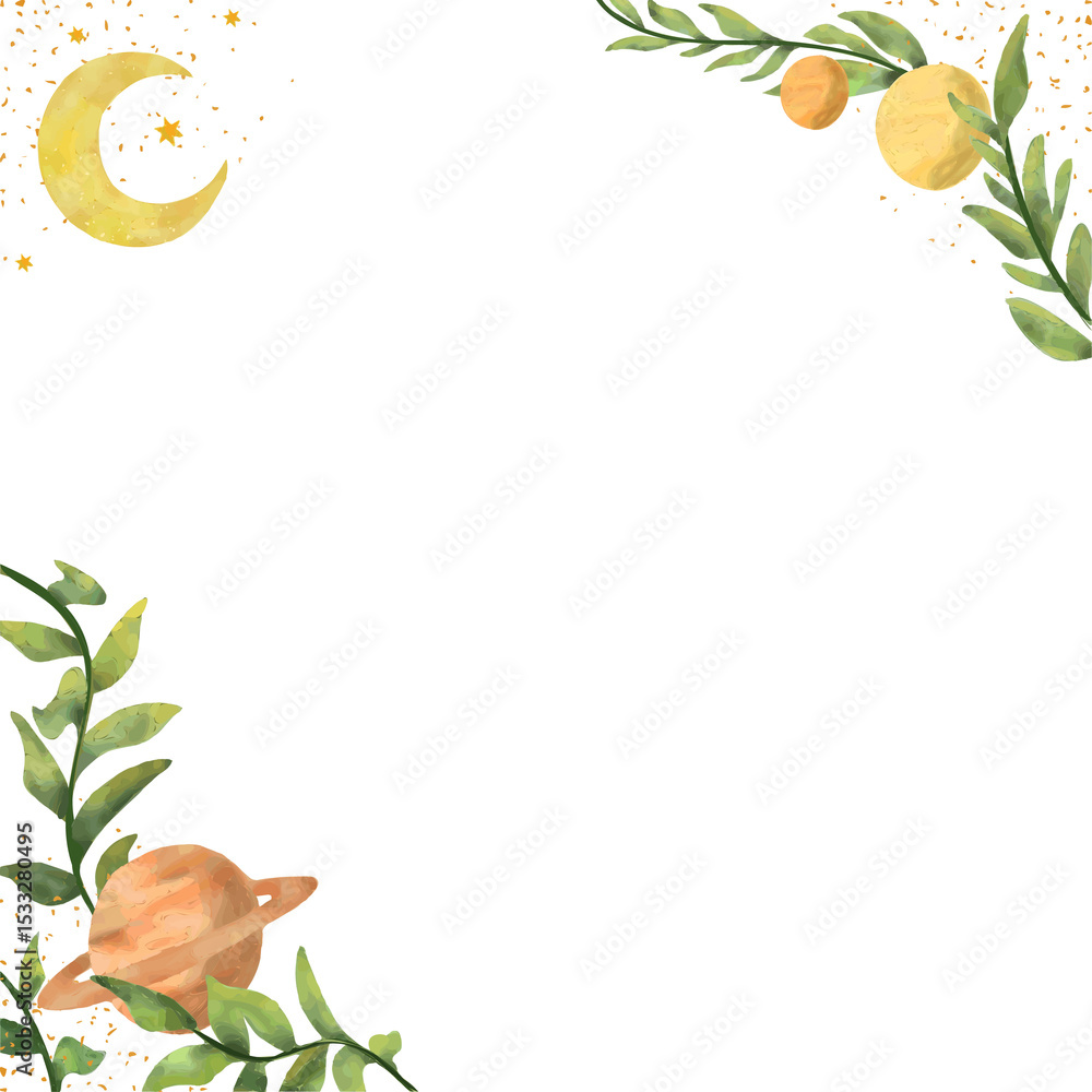 Fototapeta premium watercolor border is showing moon planets stars vines around transparent background, copy space