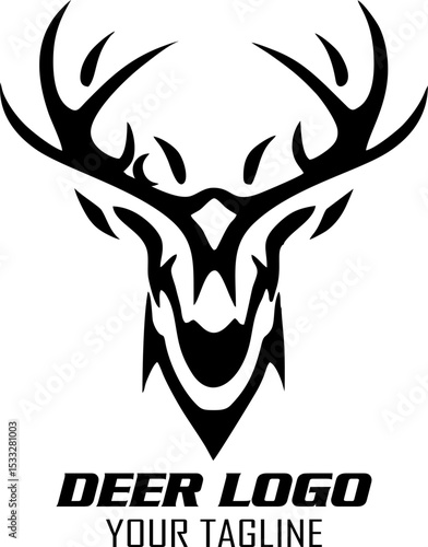Deer hunter logo, deer logo, badge, emblem, label design template. vector illustration of deer head silhouette and arrow. hunter club, deer hunting symbol icon