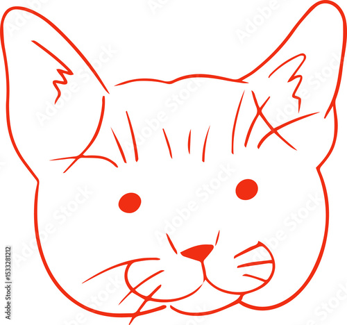 Fototapeta Naklejka Na Ścianę i Meble -  Stylized cat head is being drawn in red line illustration on transparent background, copy space