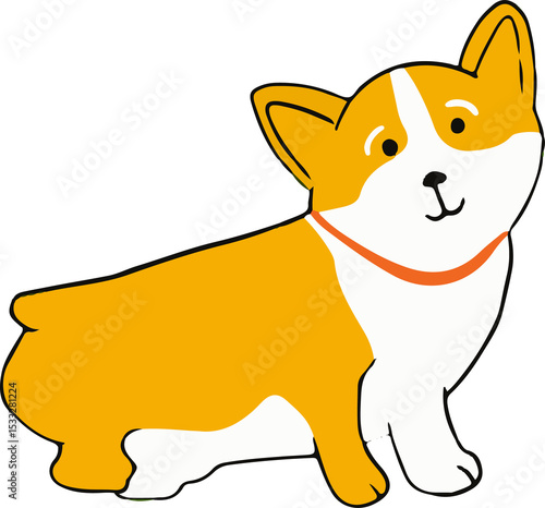 Fototapeta Naklejka Na Ścianę i Meble -  Stylized cartoon corgi dog is in profile showing orange collar in flat style transparent background