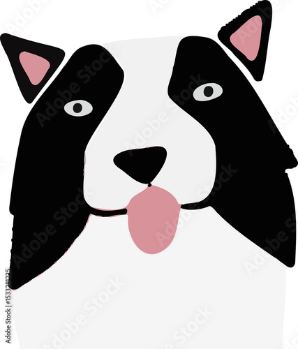 Fototapeta Naklejka Na Ścianę i Meble -  Cartoon dog head is showing flat design, bold patches, pink ears, tongue on transparent background
