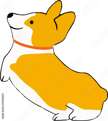 Fototapeta Naklejka Na Ścianę i Meble -  Stylized cartoon corgi dog is sitting in profile on transparent background, showing orange collar