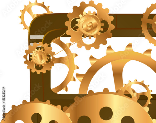 Fotografie Golden gears are rotating in flat design with chain belt and brown frame on tran