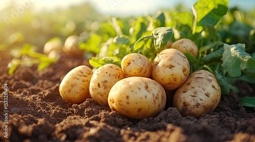 Freshly harvested potatoes growing in a fertile field under the warm sunlight and clear blue sky. 