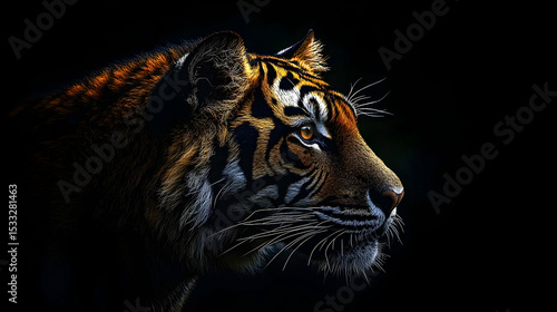 Profile view of a tiger in a dark background.