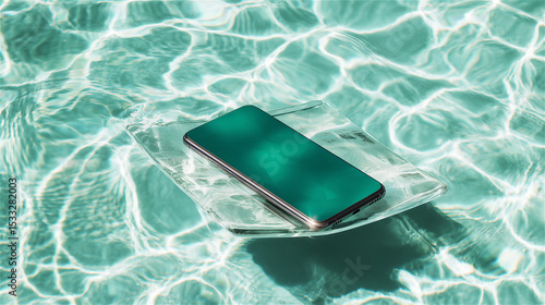 プールの水面に浮かぶスマートフォン（モックアップ用）