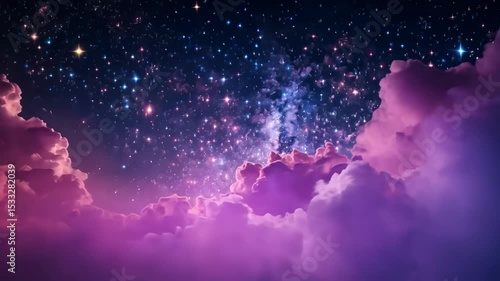 Dramatic night sky with pink clouds and bright stars and Milky Way galaxy forming celestial scenic space landscape.