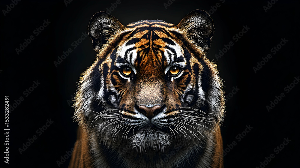 Fototapeta premium Close-up of a tiger's face against a black background.