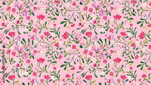 Pretty Pink Floral Pattern Delicate Blooms and Lush Greenery
